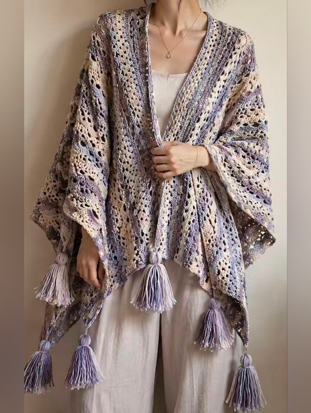 Handmade Crochet Shell Stitch Shawl with Tassels, Bohemian Scarf